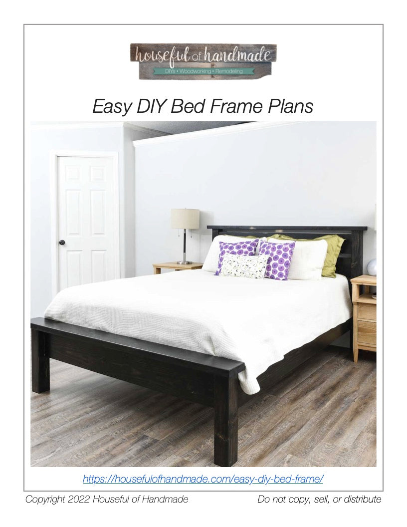 Printable PDF build plans to build an easy DIY bed frame.