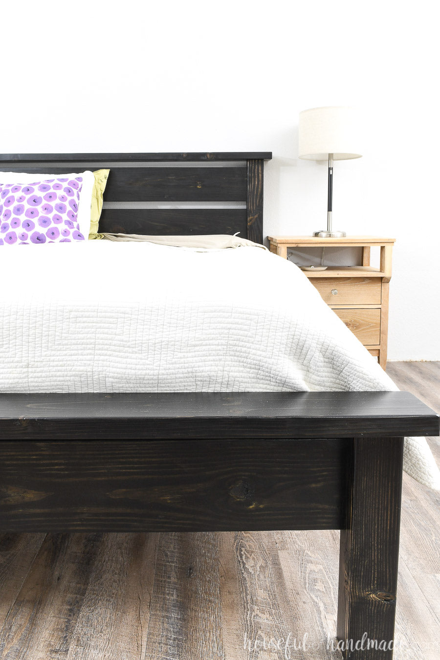Black chunky headboard and footboard DIY bed frame.