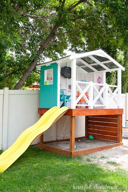Build the perfect adventure clubhouse for the kids this summer. The complete build plans including cost breakdown for this outdoor playhouse can be found at Housefulofhandmade.com